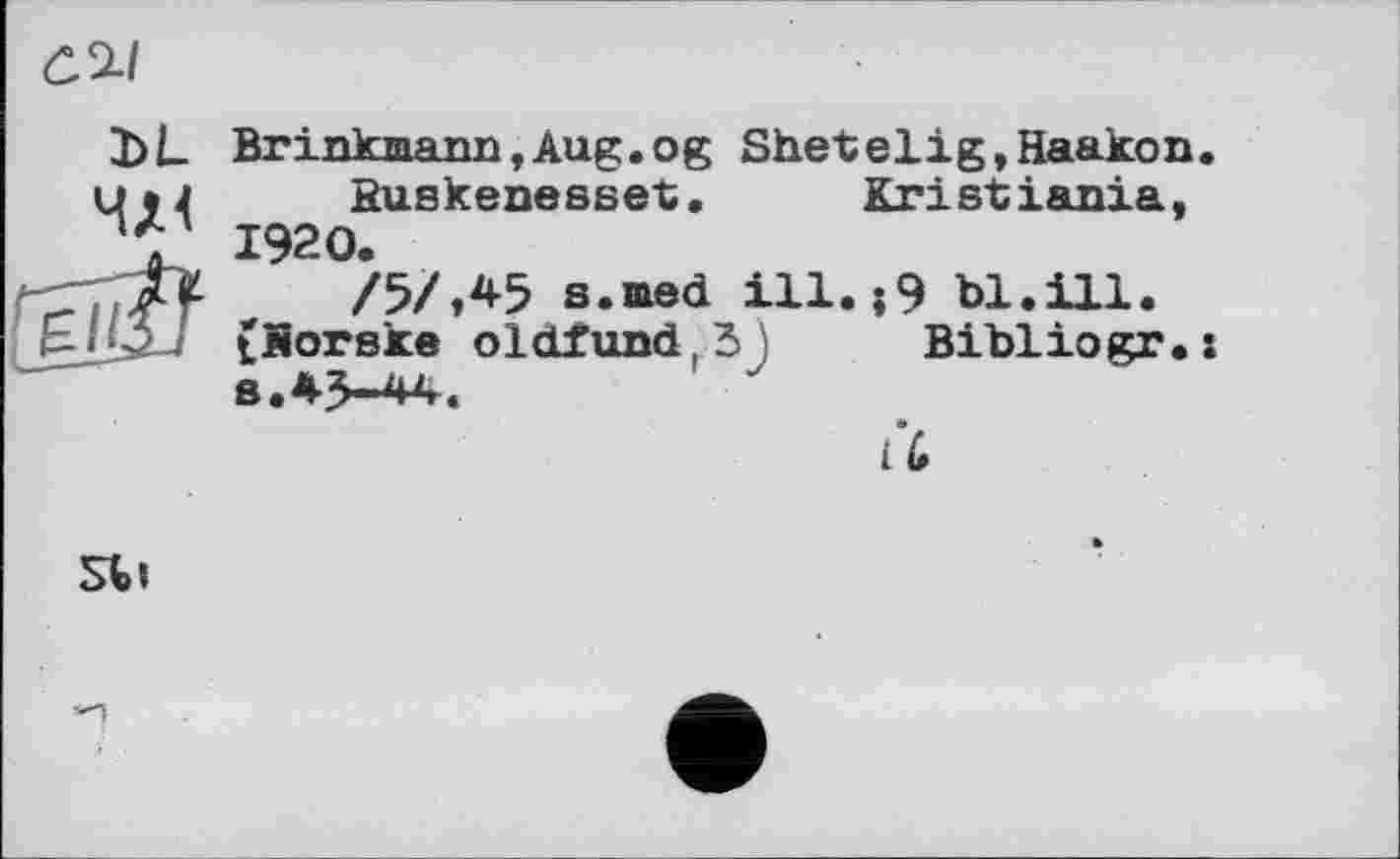 ﻿£2./ DL ЧД<	Brinkmann,Aug.оg Shetelig,Haakon. Ruskenesset.	Kristiania, 1920.
	/5/Л5 s.med ill.;9 bl.ill. tSorske oldlund 3)	Bibliogr.: 8.43-44. • 16
Sb»	»